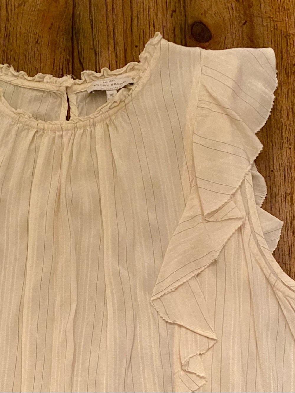 Lucky Brand Cream Ruffled Tank Top with Delicate Pinstriping